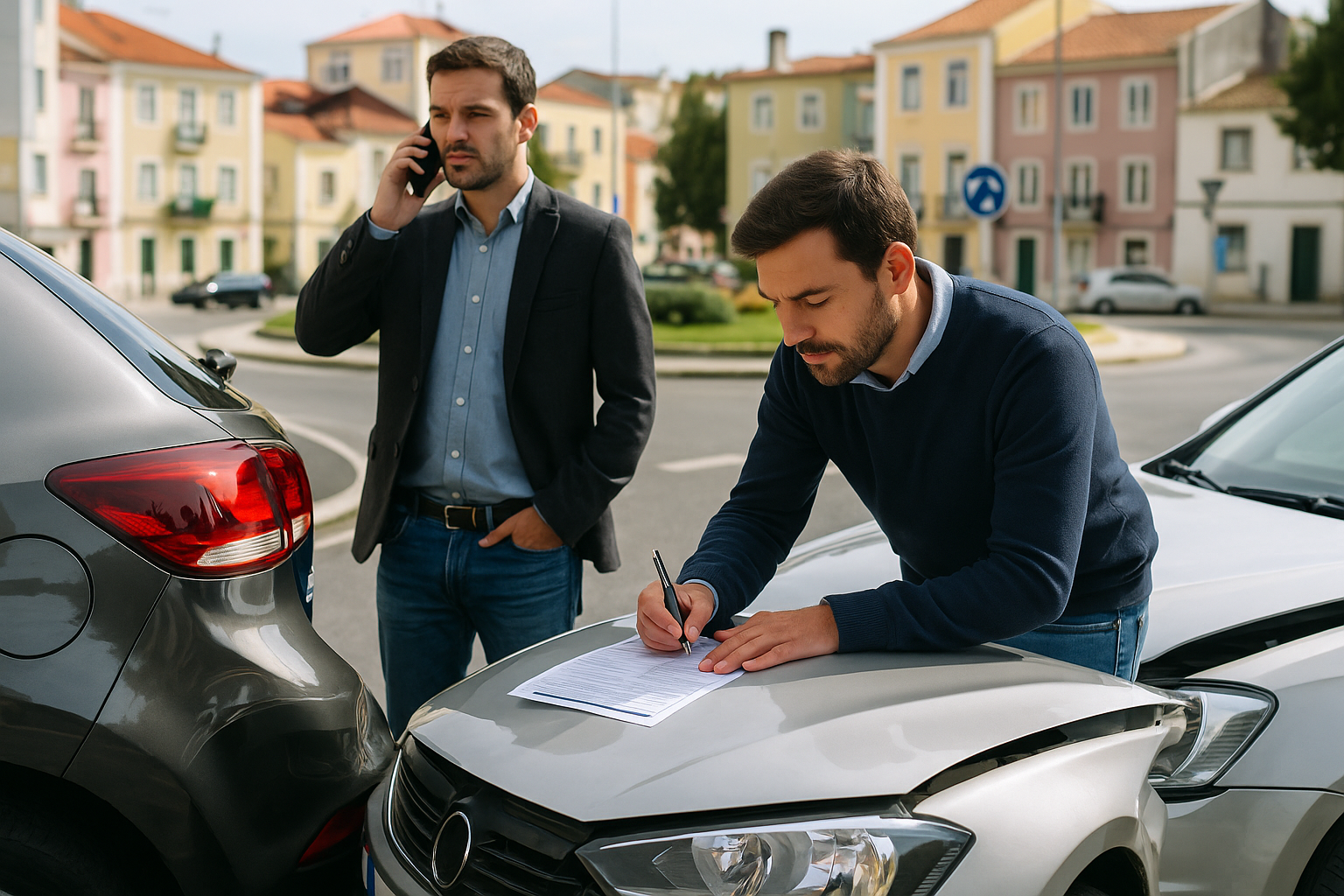 Condutor a preencher declaração amigável após acidente com carro de renting em Portugal