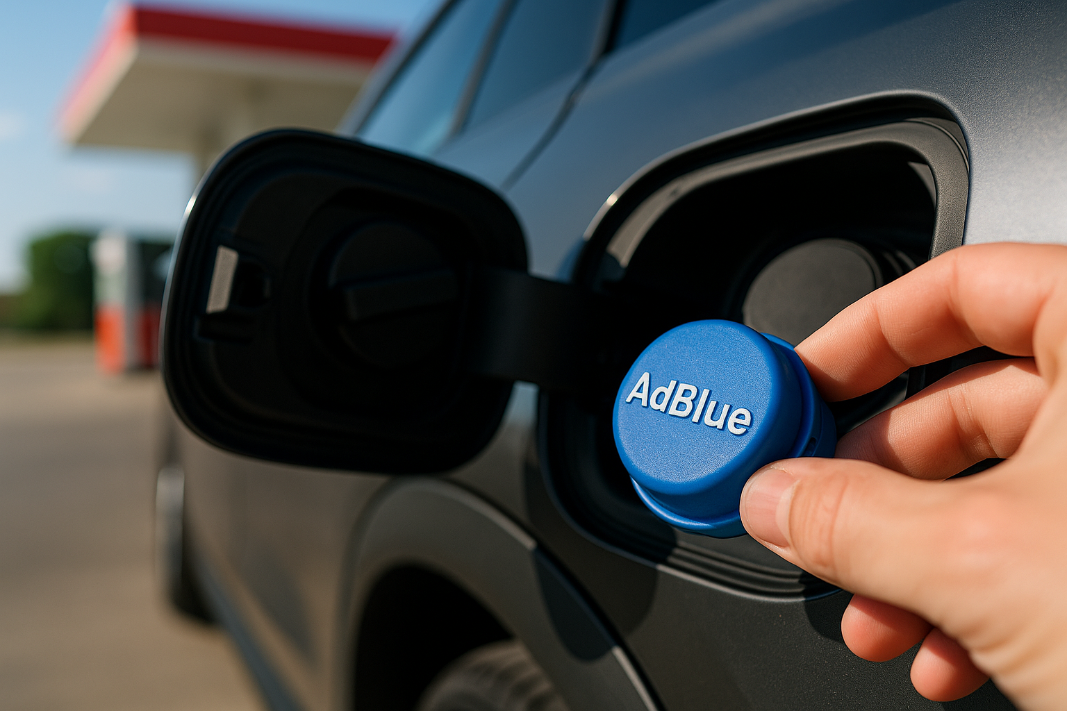 Tampa azul do depósito de AdBlue num carro a gasóleo moderno numa bomba de combustível em Portugal