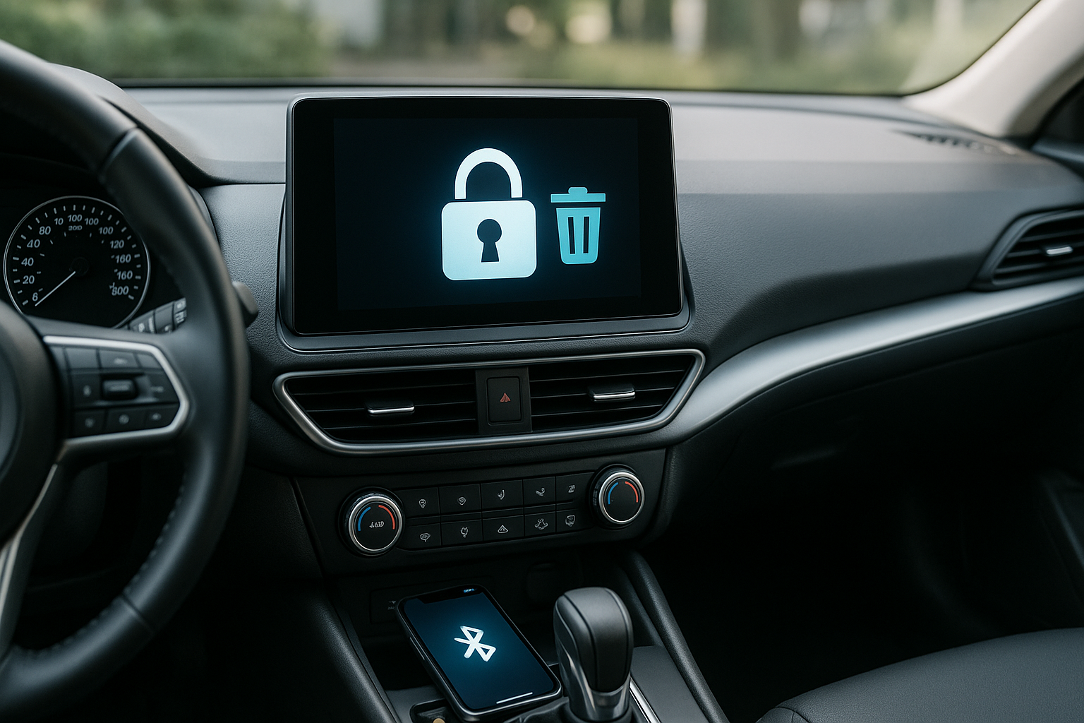 Sistema de infoentretenimento de carro moderno mostrando dados pessoais a apagar antes de devolver veículo de renting
