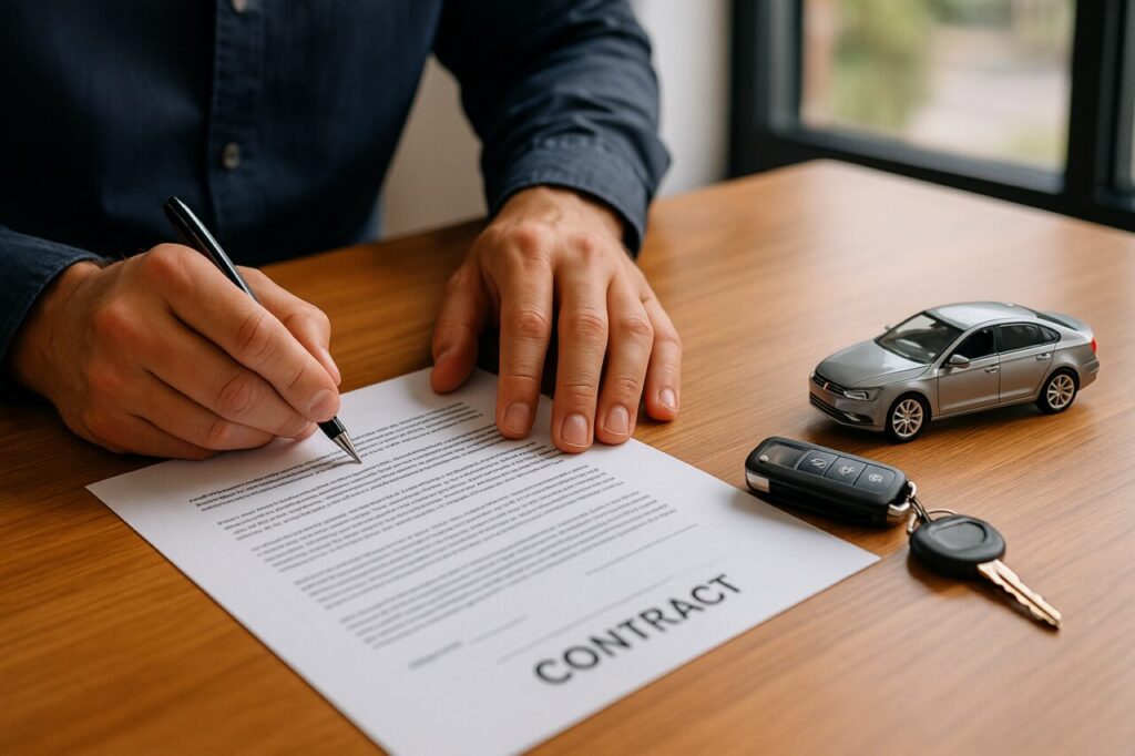 Pessoa a ler e assinar contrato de renting, verificando cláusulas de traspasse e rescisão antecipada