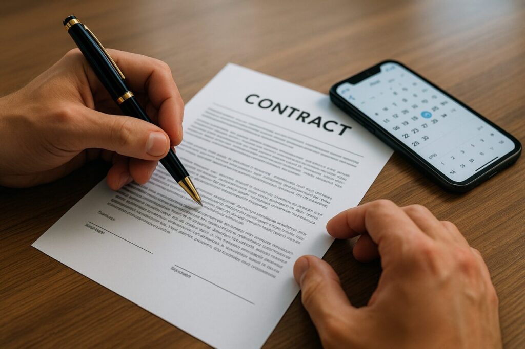 Mãos a assinar prorrogação de contrato de renting com calendário ao fundo