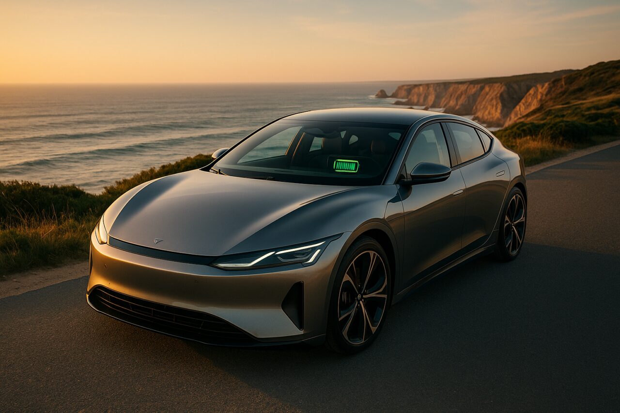 Carro elétrico moderno com bateria carregada numa estrada costeira em Portugal ao pôr do sol