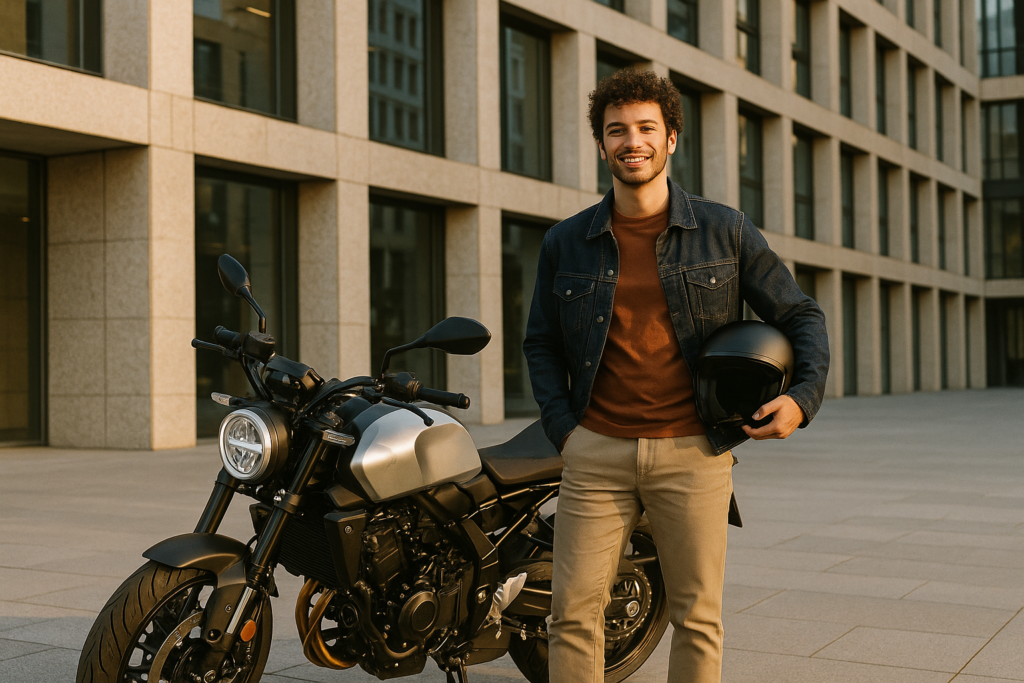 Jovem profissional autónomo com moto em renting em frente a edifício moderno no Porto