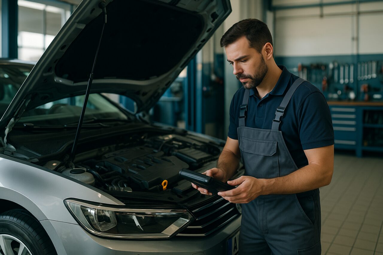Mecânico a inspecionar o motor de um carro numa oficina moderna em Portugal, avarias mecânicas mais comuns nos automóveis