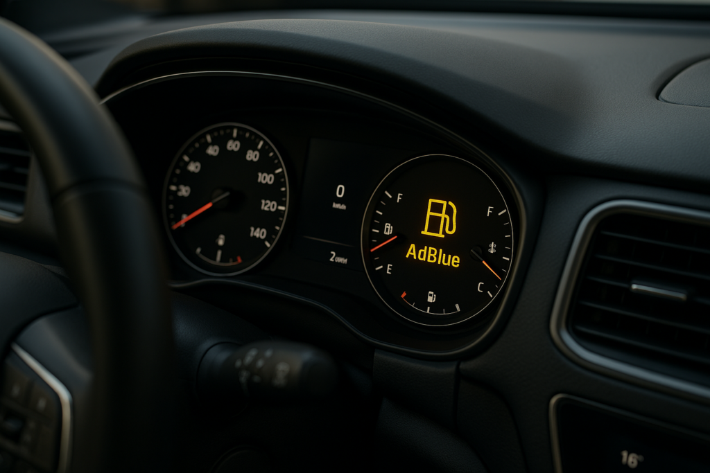 Aviso de nível baixo de AdBlue no painel de instrumentos de um carro a gasóleo moderno
