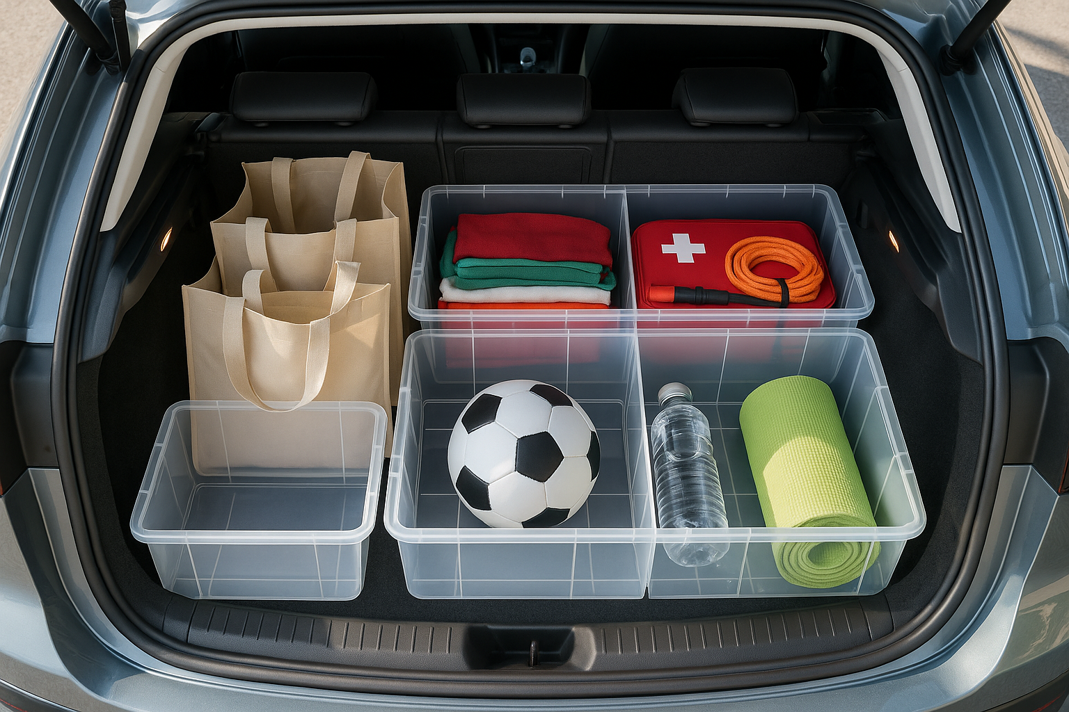 Bagageira de carro organizada com caixas e divisórias para renting