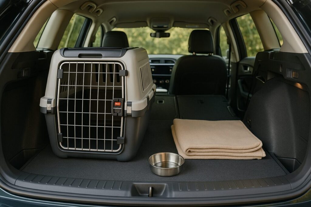 Bagageira espaçosa de carro em renting com gaiola homologada para transporte seguro de animais de estimação