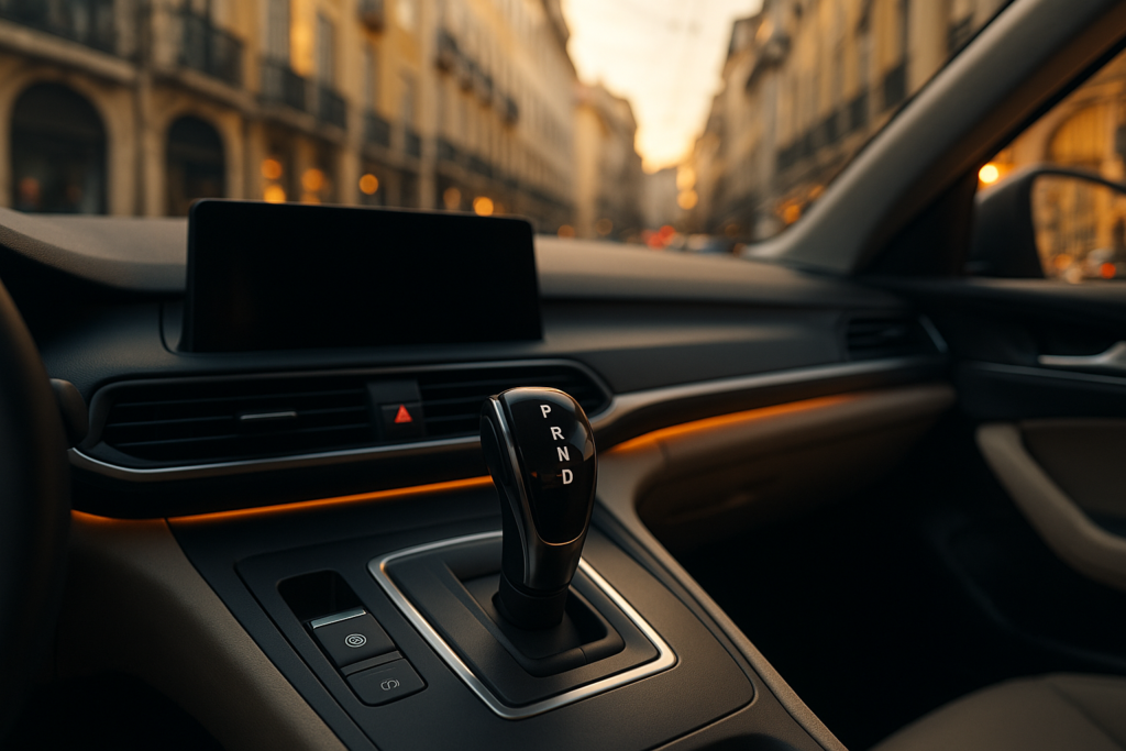 Interior de carro com caixa automática em ambiente urbano de Lisboa ideal para renting