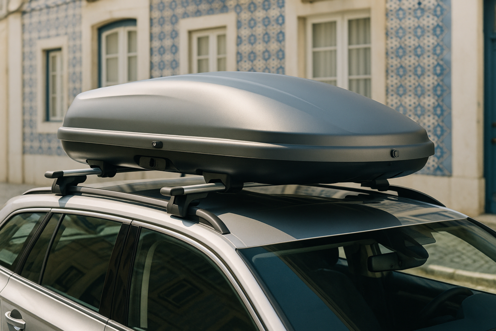 Caixa de tejadilho instalada em barras de tejadilho de uma carrinha moderna em Portugal