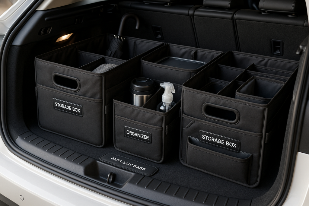 Caixas organizadoras e divisórias para bagageira de automóvel