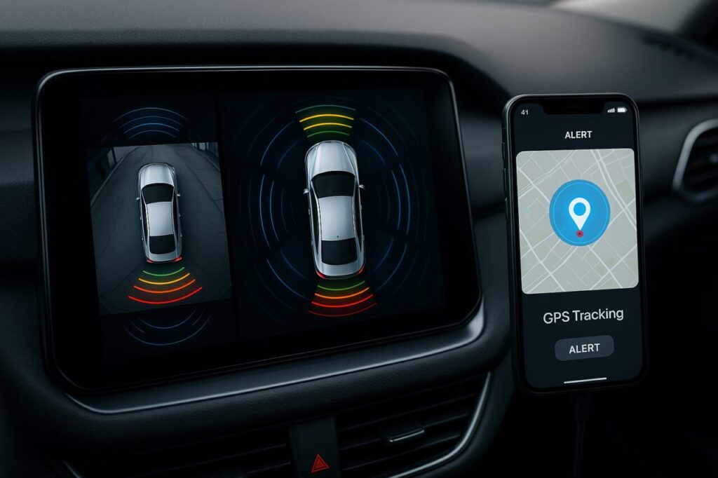 Ecrã de câmara 360 graus e rastreamento GPS em carro moderno com sistema de alarme inteligente