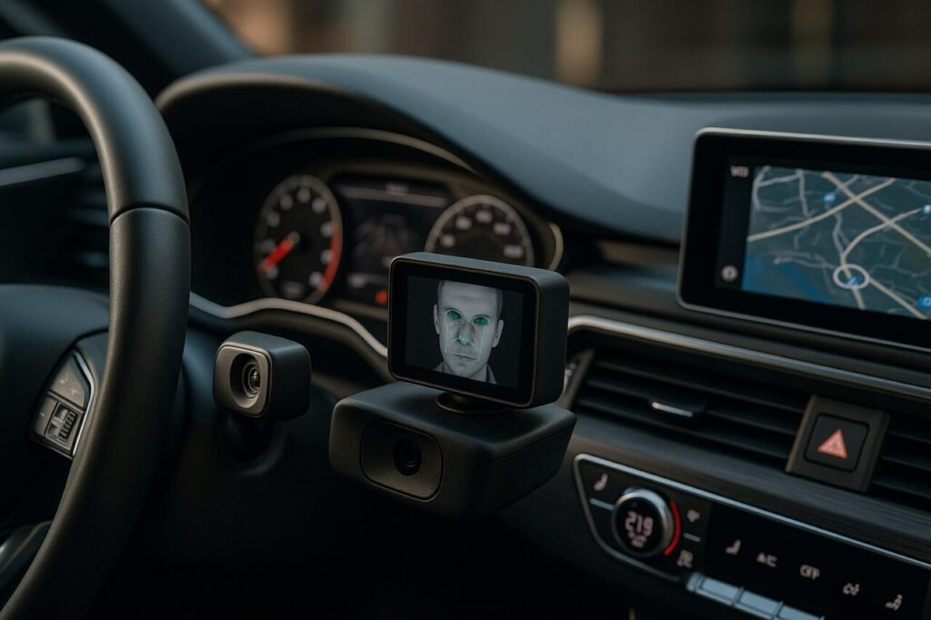 Câmara infravermelha de monitorização do condutor integrada no interior de um carro moderno