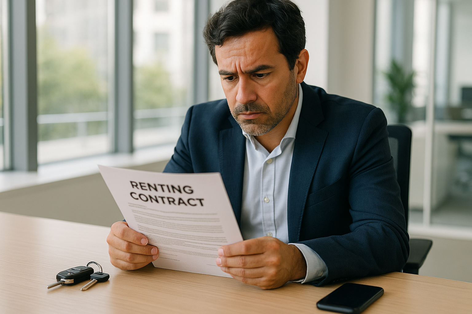 Pessoa a analisar contrato de renting de automóvel em Portugal para cancelamento