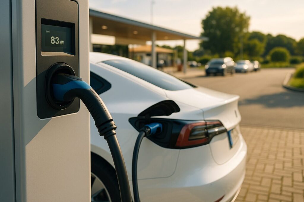 Carregamento rápido de carro elétrico em posto de carregamento numa autoestrada em Portugal
