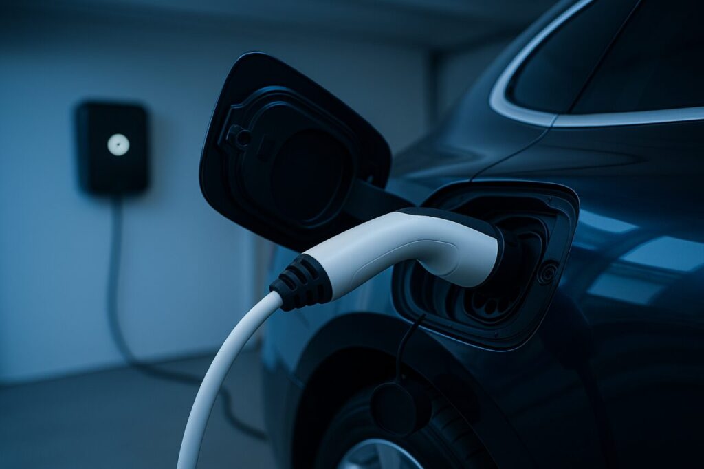 Carregamento de veículo elétrico BEV ou PHEV em casa com wallbox, uma das vantagens do renting elétrico em Portugal