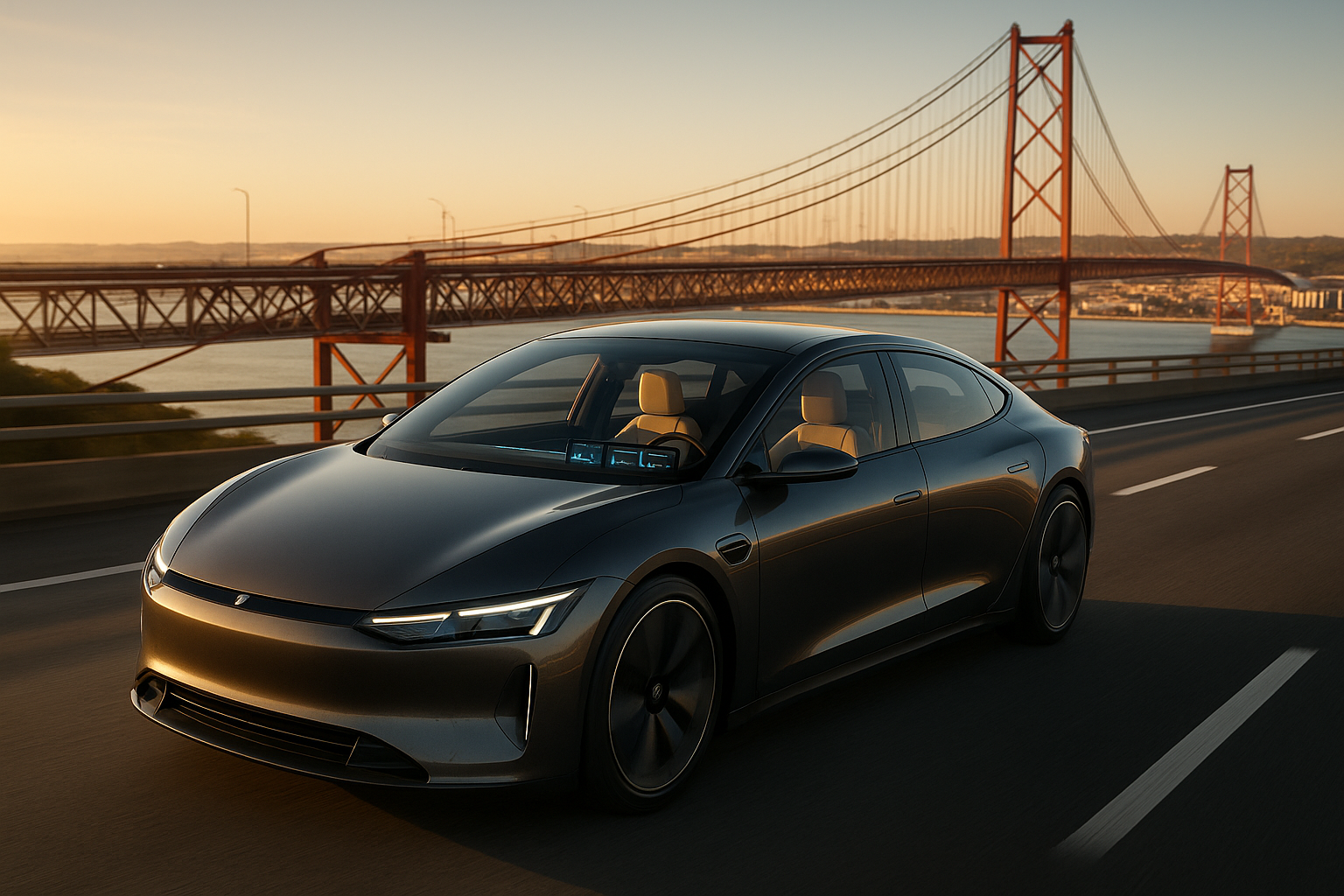 Carro autónomo elétrico em renting a circular numa autoestrada em Portugal com tecnologia de condução autónoma avançada
