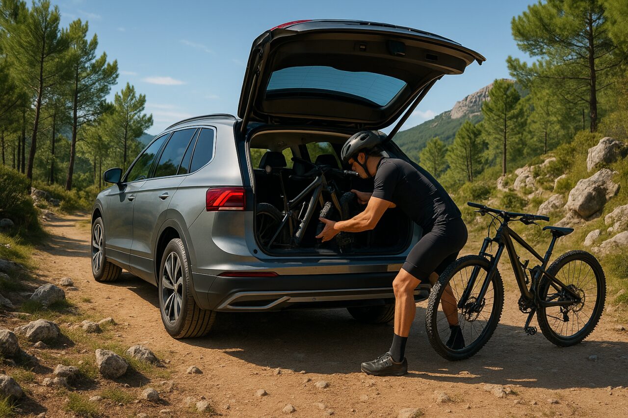 Ciclista a carregar bicicleta de montanha no porta-bagagens de um SUV familiar em Portugal