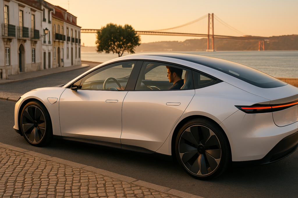 Carro elétrico moderno em Lisboa com tecnologia plastrónica no volante e interior minimalista