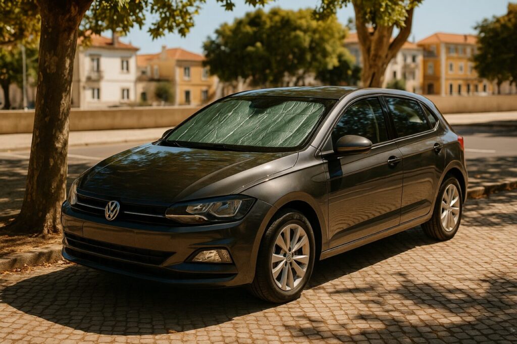 Carro estacionado à sombra com para-sol interior para proteger o para-brisas no verão