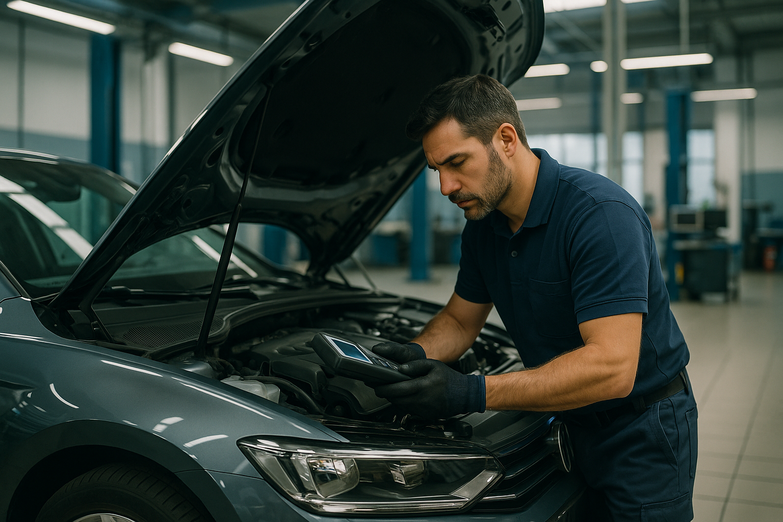 Mecânico a diagnosticar perda de potência no motor de um carro numa oficina moderna em Portugal