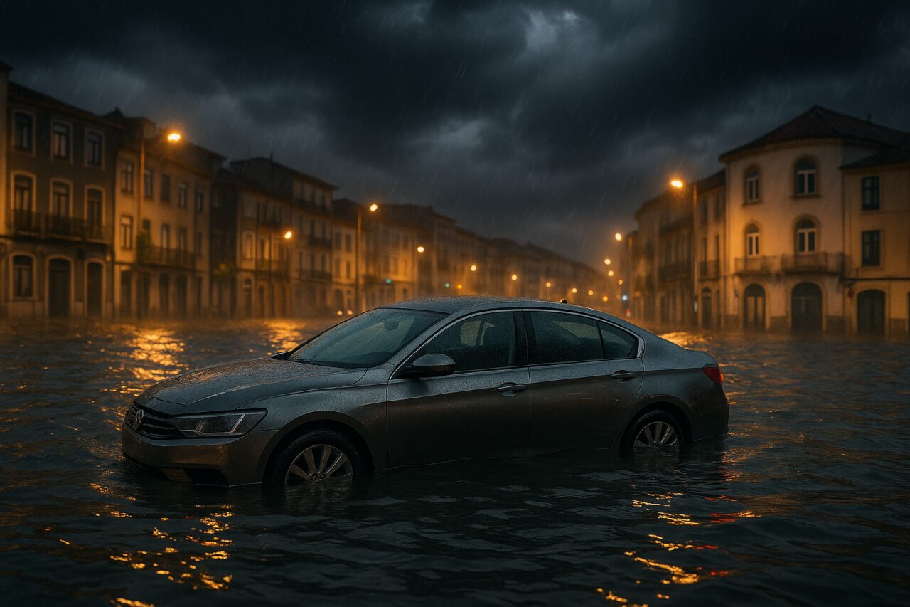 Carro de renting inundado numa rua de Portugal durante uma cheia — o que fazer em caso de inundação