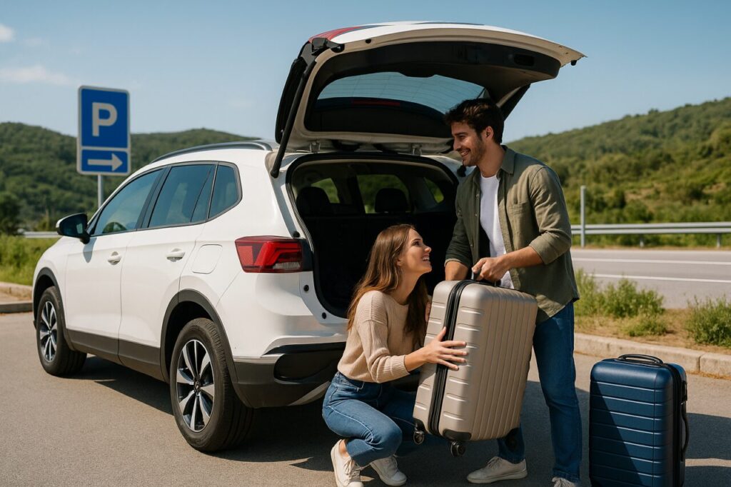 Casal a carregar bagagem em carro de renting para viagem ao estrangeiro nas férias