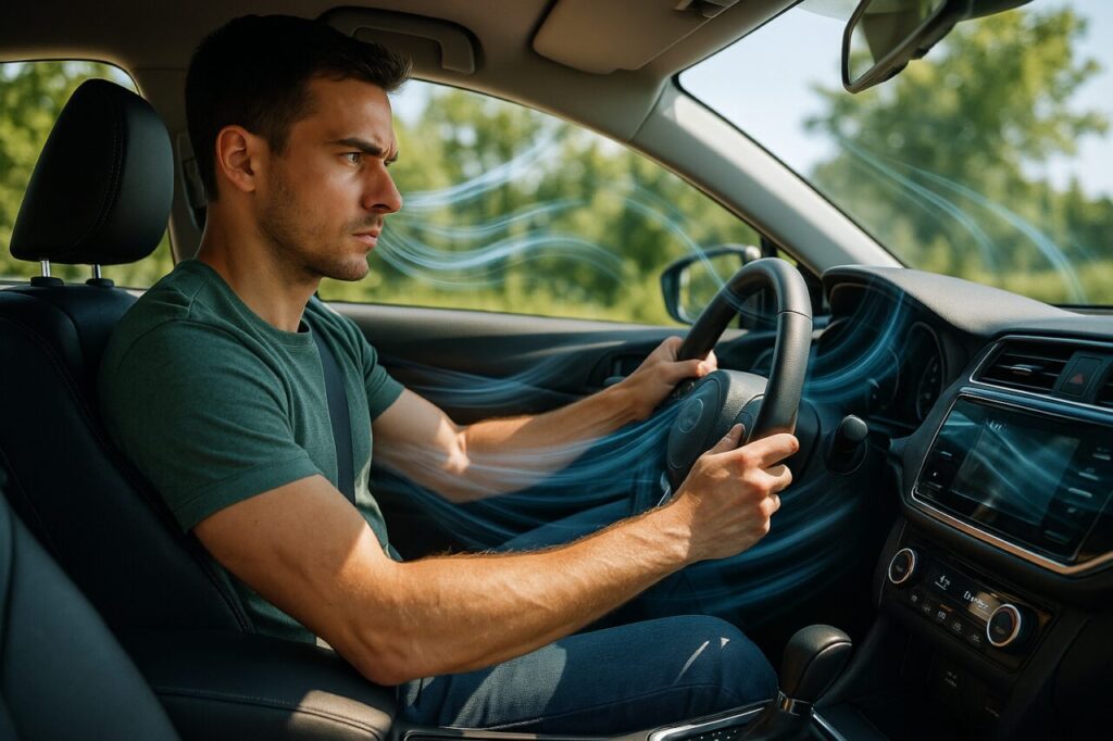 Interior de carro com ar condicionado e ventilação adequada, mantendo ambiente fresco para evitar sonolência na condução