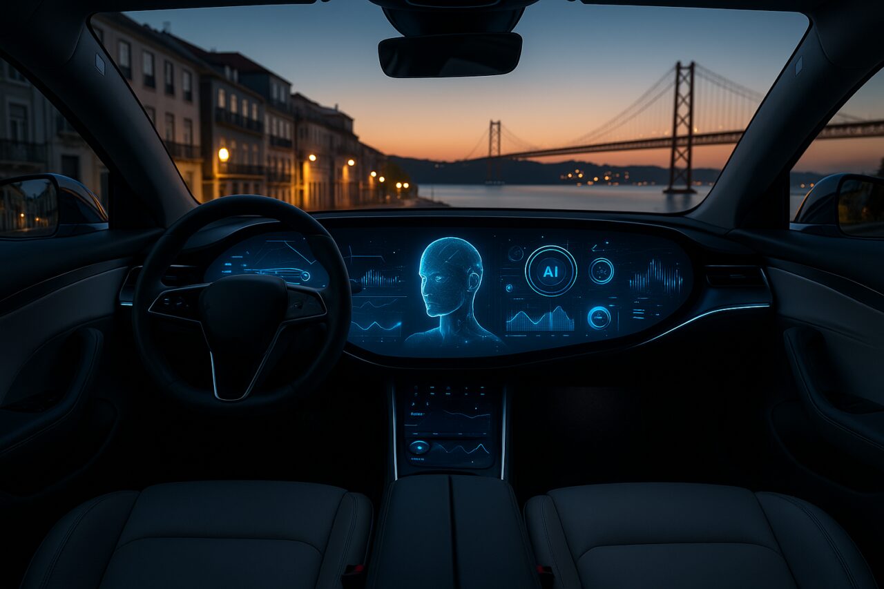 Interior de carro elétrico com inteligência artificial em renting em Portugal, com ecrã touchscreen e painel digital futurista em Lisboa