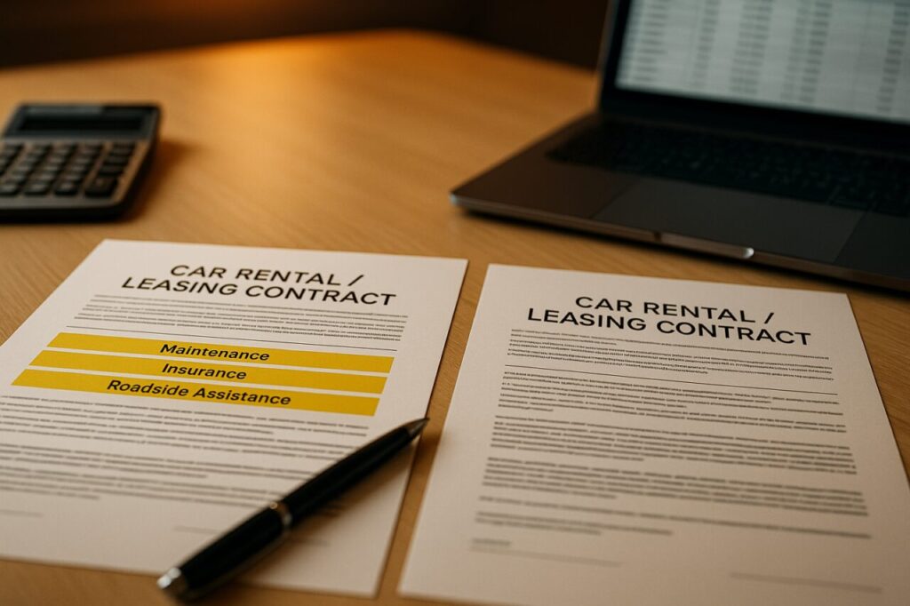 Comparação de contratos de renting com serviços incluídos como manutenção, seguro e assistência em viagem para empresas em Portugal