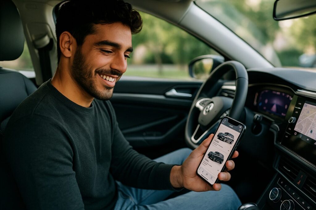 Condutor a comparar ofertas de renting flexível no telemóvel dentro de um carro moderno