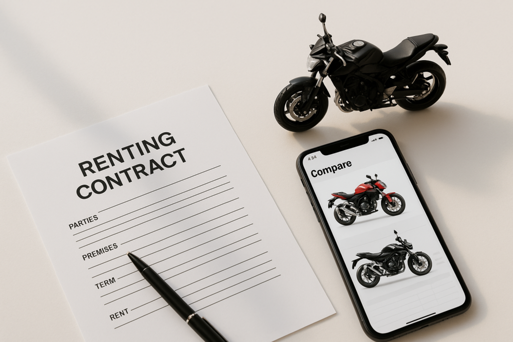 Comparar ofertas de renting de motos em Portugal — contrato, smartphone e modelo de moto em secretária moderna