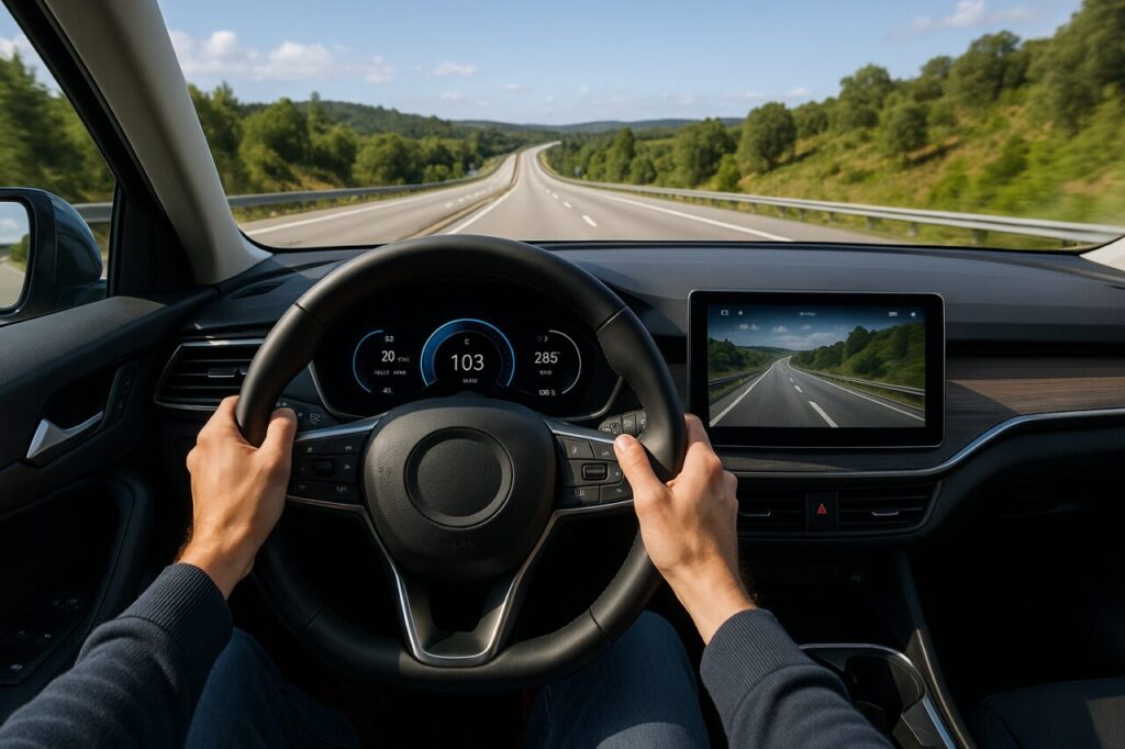 Interior de carro elétrico com painel digital a mostrar autonomia restante e condução eficiente em estrada portuguesa