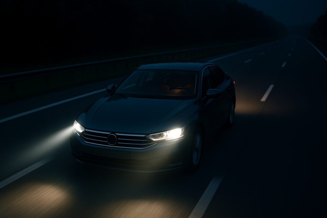 Carro moderno a conduzir à noite em estrada portuguesa com faróis bem iluminados, segurança na condução nocturna, renting de veículos