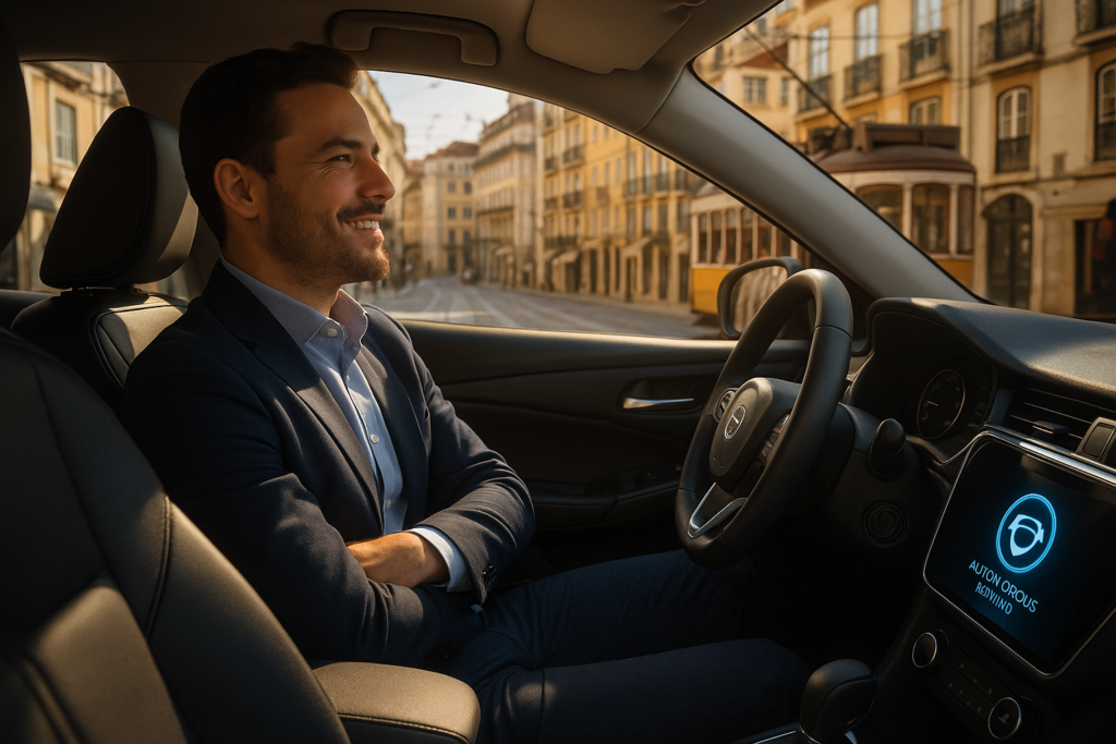 Condutor relaxado em carro autónomo em renting em Lisboa sem tocar no volante com tecnologia de condução autónoma