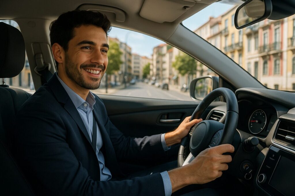 Condutor satisfeito em carro novo de renting com depósito cheio em Lisboa