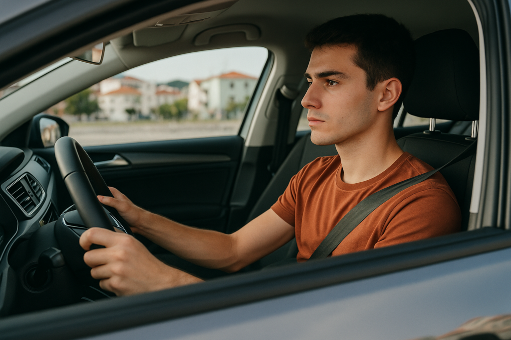Condutor jovem ao volante de carro de renting com seguro incluído