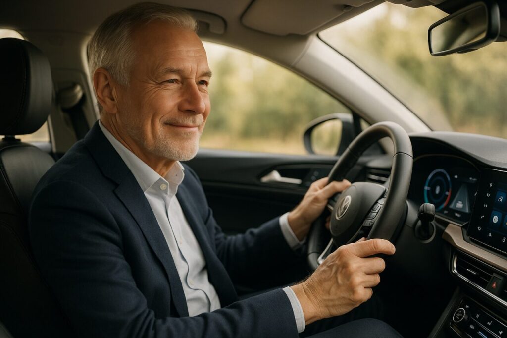 Condutor sénior confortável no interior de um carro moderno em renting com tecnologias de segurança