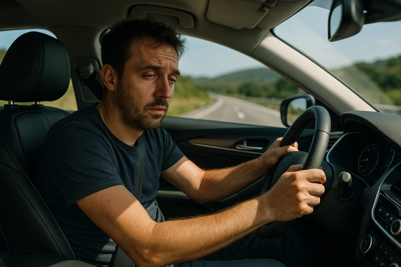 Condutor cansado e sonolento ao volante de um carro, representando o risco de sonolência na condução em Portugal