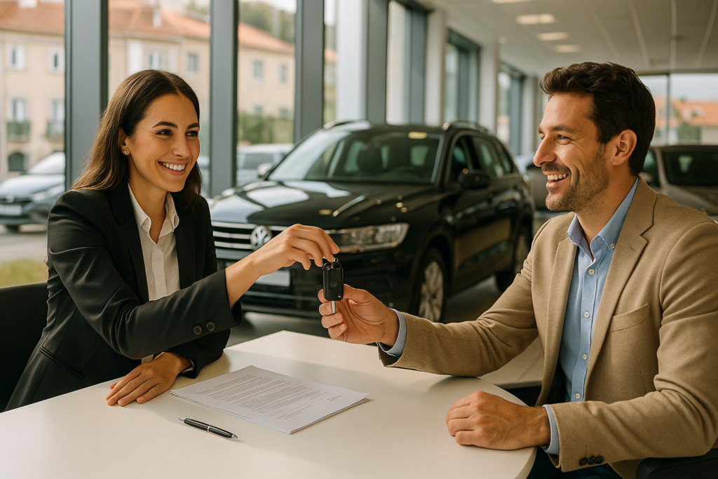 Cliente a assinar contrato de renting de automóvel com mensalidade fixa e tudo incluído
