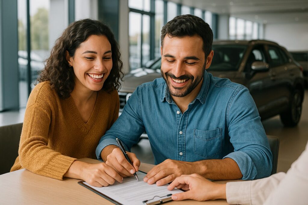 Casal português a assinar contrato de renting de automóvel sem entrada numa concessionária moderna em Portugal