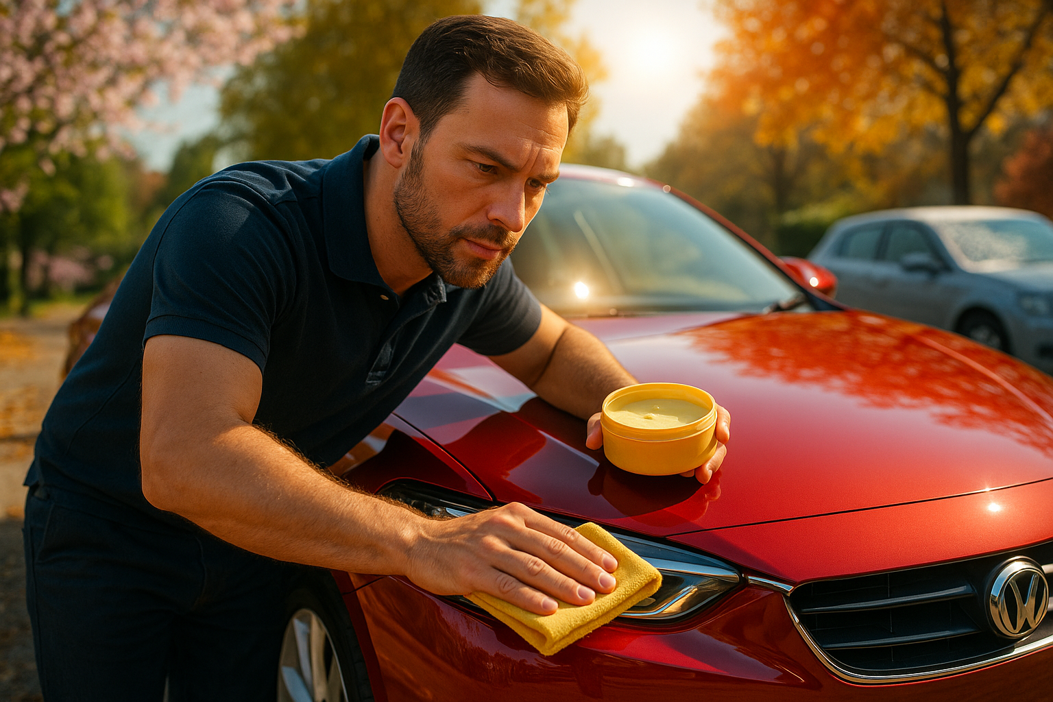 Homem a aplicar cera protetora na pintura de um carro vermelho brilhante ao longo das estações do ano
