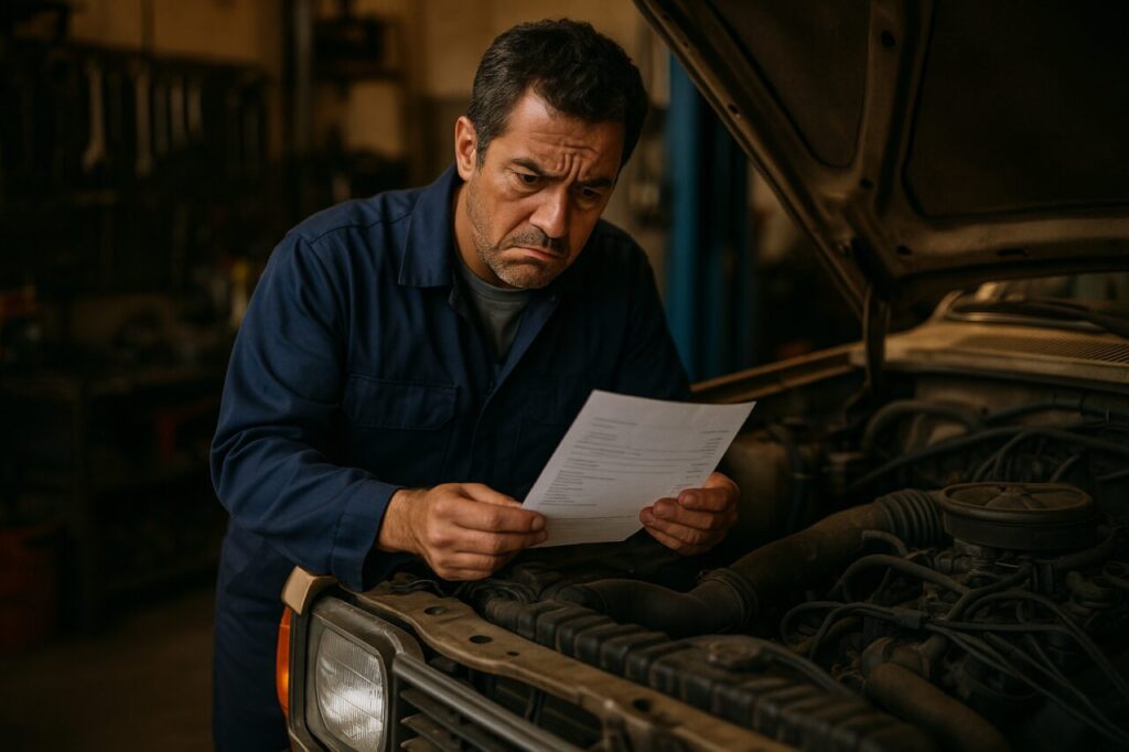 Mecânico português a inspecionar motor de carro antigo na oficina com fatura de reparação cara