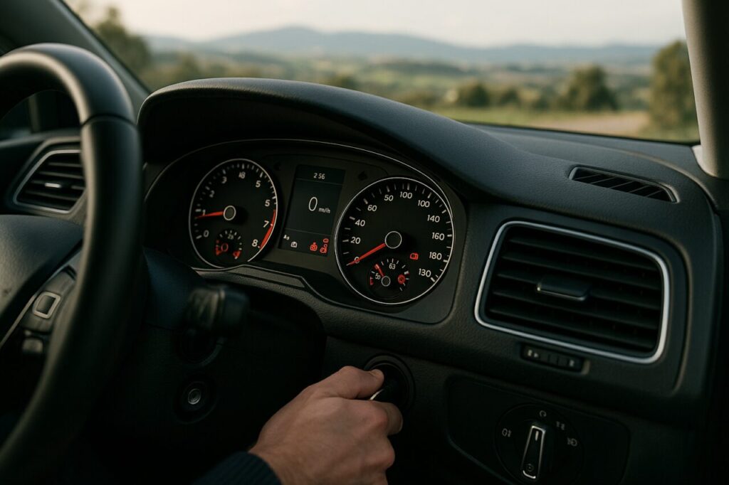 Dashboard de carro com indicadores de temperatura, espera antes de desligar motor após viagem prolongada