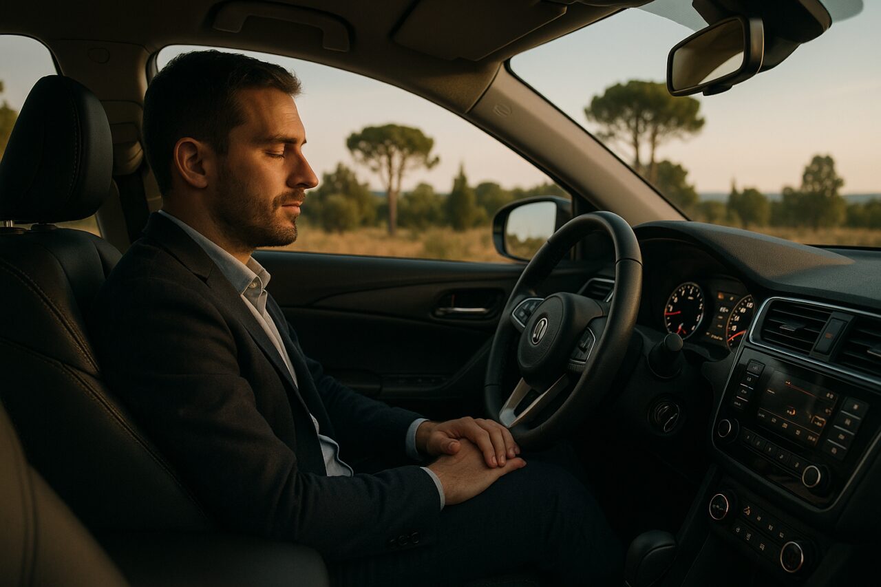 Homem descansa dentro de carro moderno após viagem longa, cuidado com manutenção do motor e turbocompressor