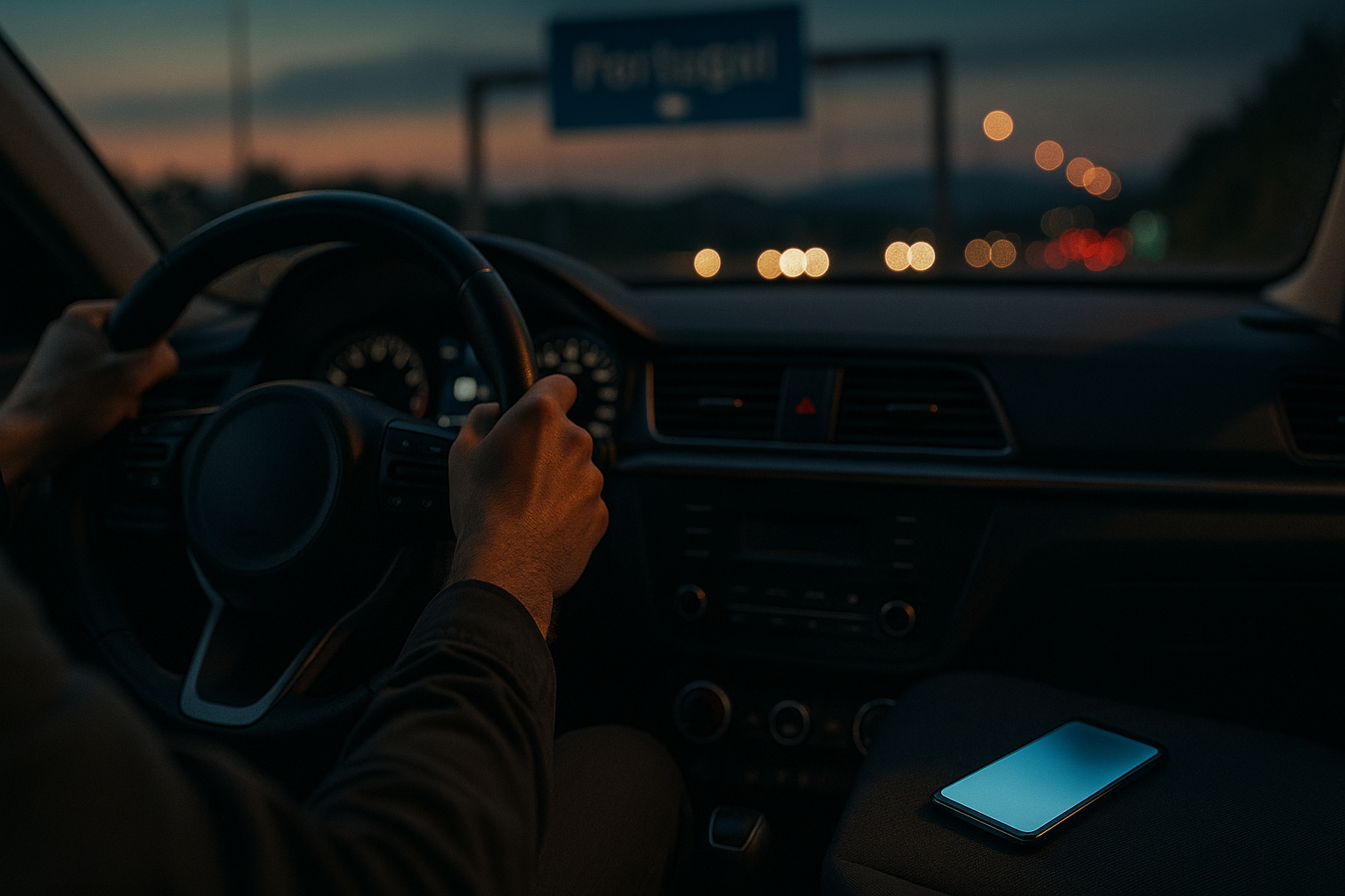 Condutor distraído com telemóvel ao volante numa estrada portuguesa — riscos das distrações ao volante