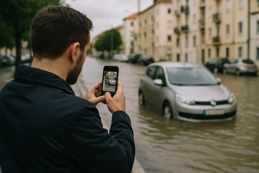 Condutor a fotografar carro de renting inundado para comunicar sinistro à empresa de renting