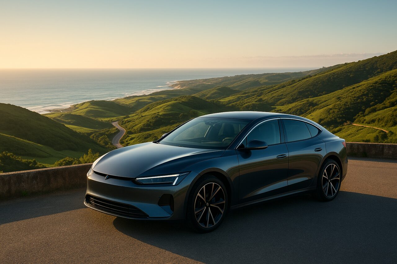 Carro elétrico de grande autonomia em renting estacionado numa estrada panorâmica em Portugal