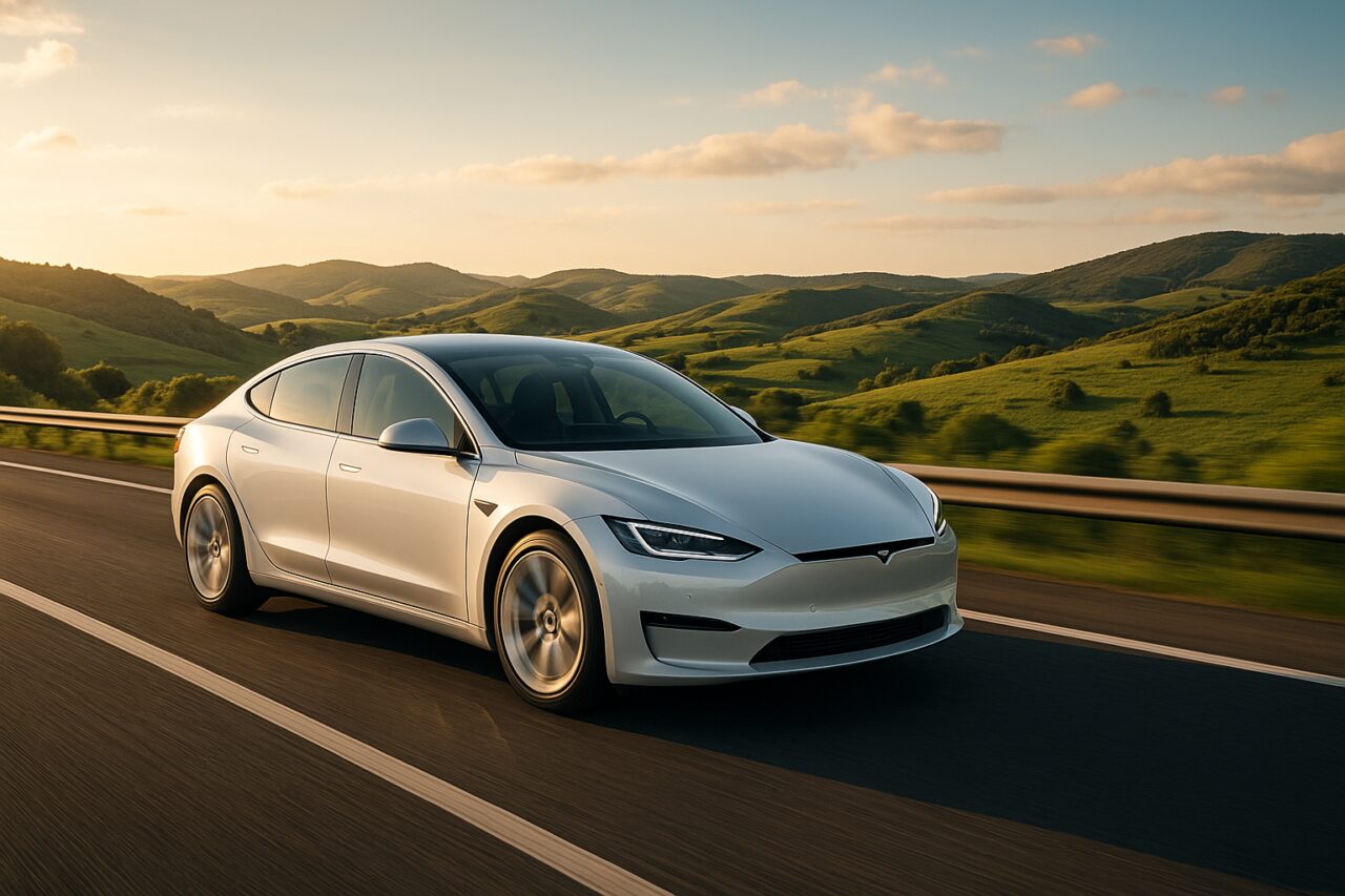Carro elétrico em renting com grande autonomia a circular numa autoestrada em Portugal ao pôr do sol