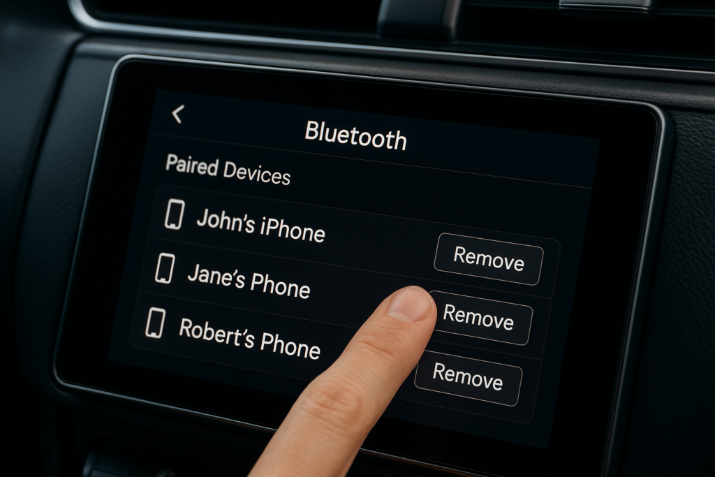 Ecrã tátil de automóvel a mostrar menu de dispositivos Bluetooth emparelhados para eliminar antes de devolver carro