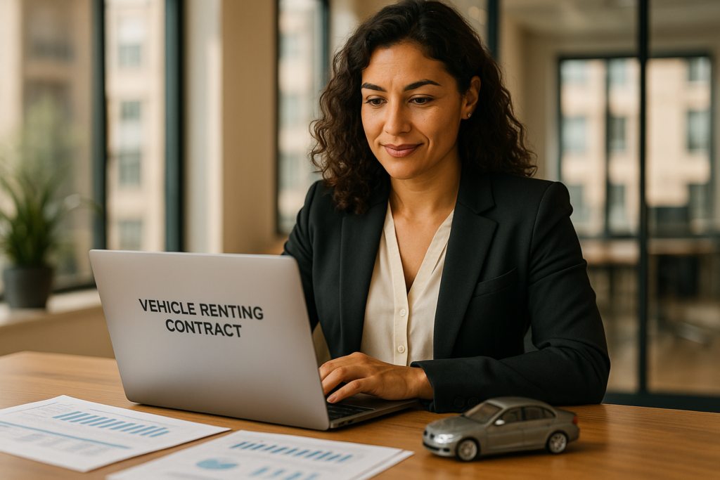 Empresária portuguesa a analisar contrato de renting de viaturas para a sua empresa